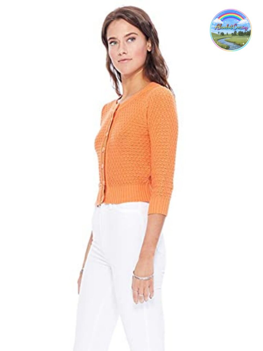 Women's 3/4 Sleeve Crochet Cropped Cardigan Crewneck Cotton Knit